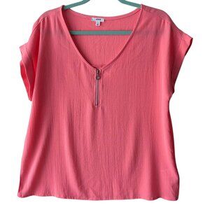 Ardene Women's Coral Textured Zip Front Short Sleeve Blouse Size Large